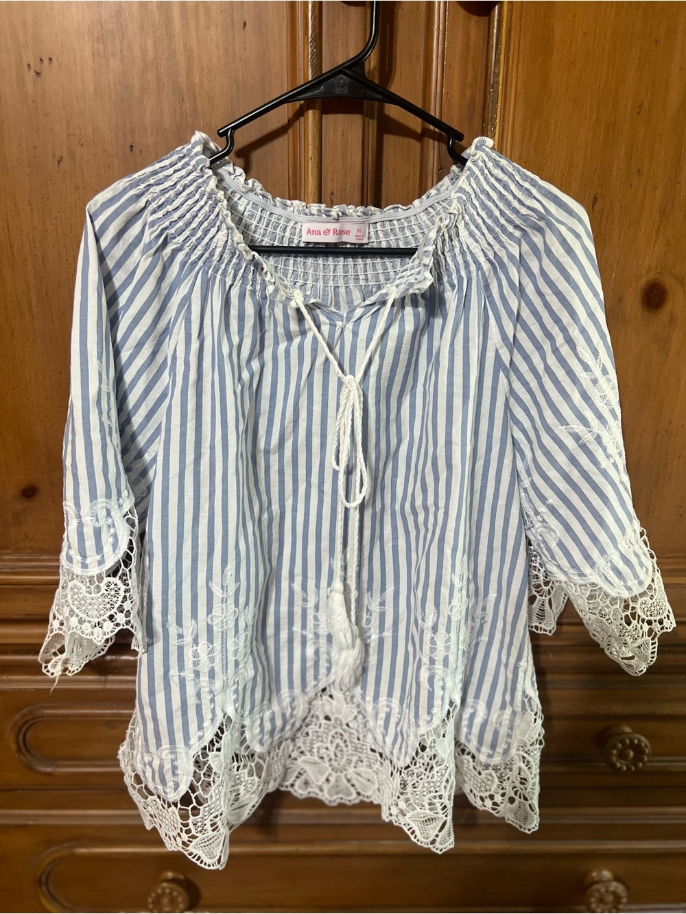 Ana & Rose Blue-White Stripe Lace Peasant Tunic